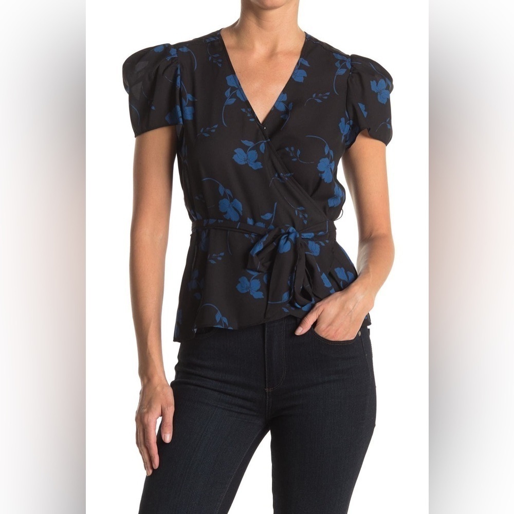 PARKER Puff Sleeve Floral Print Wrap Top, FULTON STEMS, Size Medium, NWT